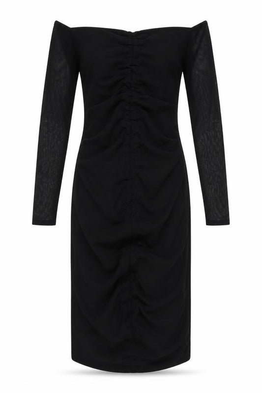 Front view of PRETTYLITTLETHING women’s black polyester bodycon, size UK 12, off the shoulder pullover