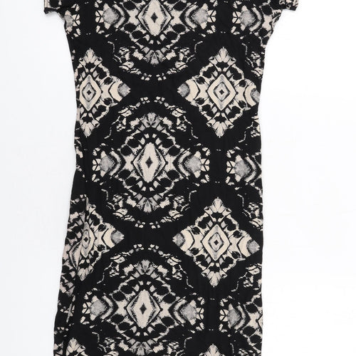 Quiz Womens Black Geometric Viscose Bodycon Size 8 Round Neck Pullover