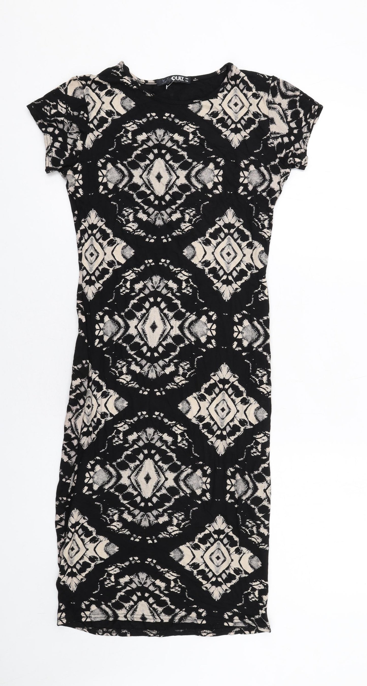 Quiz Womens Black Geometric Viscose Bodycon Size 8 Round Neck Pullover