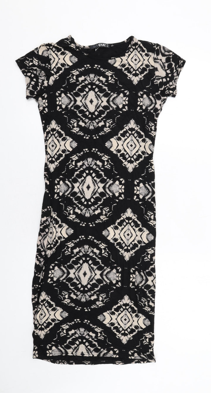 Quiz Womens Black Geometric Viscose Bodycon Size 8 Round Neck Pullover