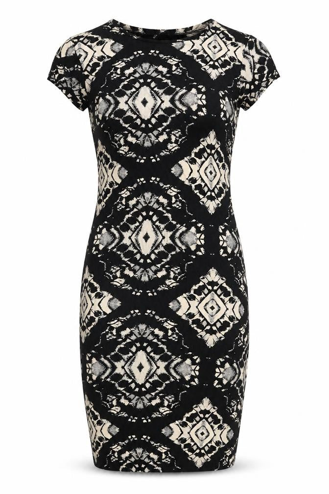 Front view of Quiz women’s black geometric viscose bodycon, size UK 8, round neck pullover