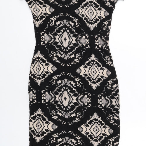 Quiz Womens Black Geometric Viscose Bodycon Size 8 Round Neck Pullover