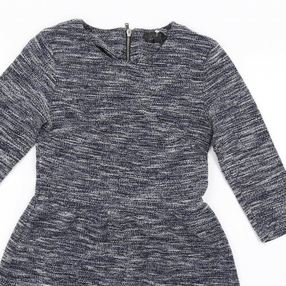 Topshop Womens Blue Cotton Fit & Flare Size 10 Round Neck Zip