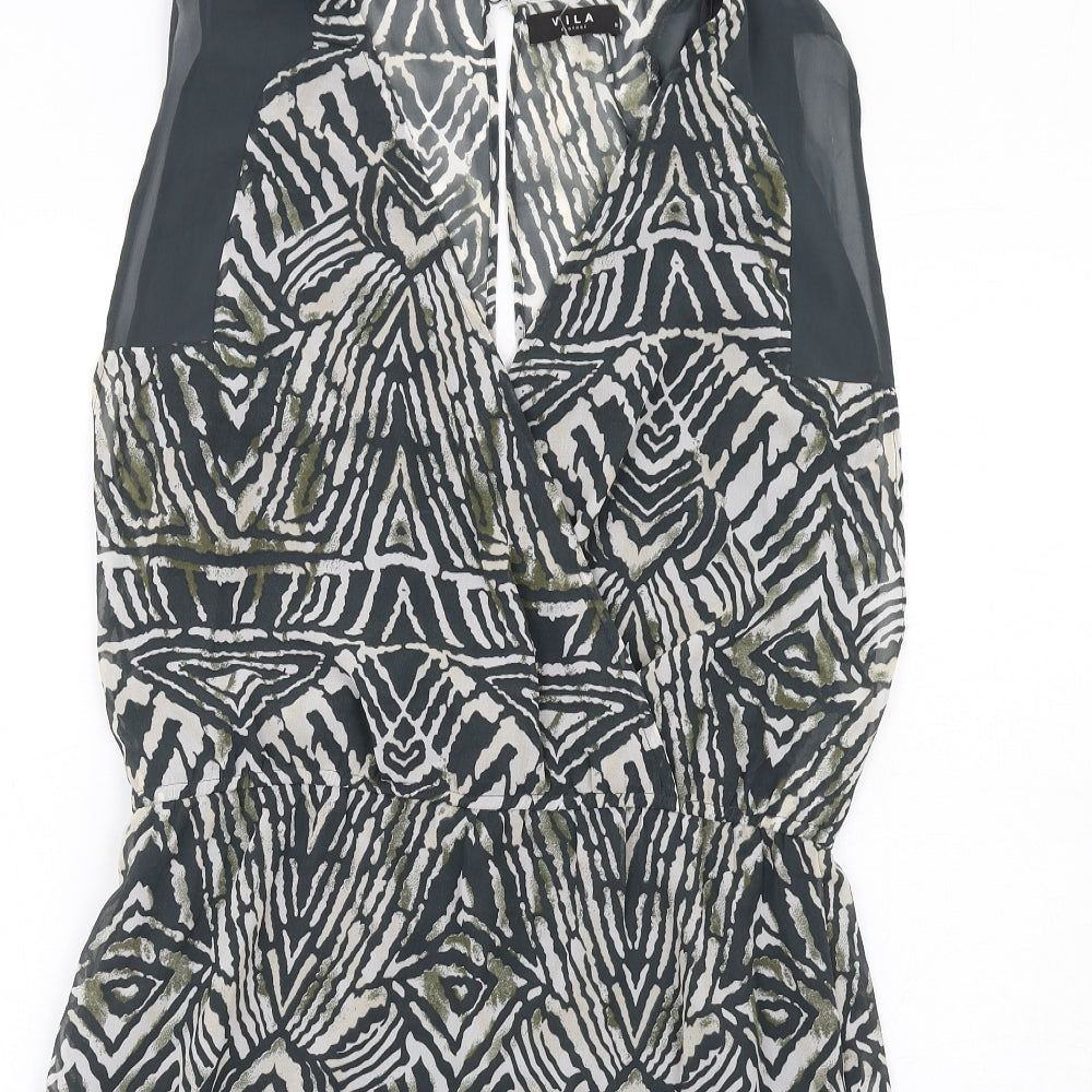 VILA Womens Grey Geometric Polyester A-Line Size M V-Neck Button