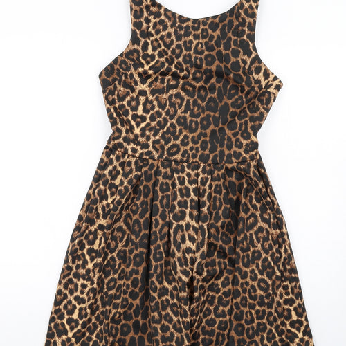 Oasis Womens Brown Animal Print Polyester A-Line Size 10 Round Neck Zip - Leopard Print Mesh Back