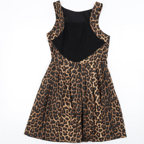 Oasis Womens Brown Animal Print Polyester A-Line Size 10 Round Neck Zip - Leopard Print Mesh Back