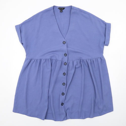 New Look Womens Blue Polyester Fit & Flare Size 12 V-Neck Button