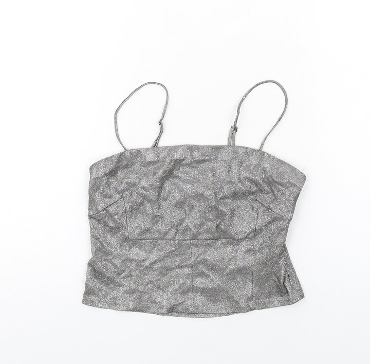 Sparkle & Fade Womens Silver Polyester Camisole T-Shirt Size S Square Neck