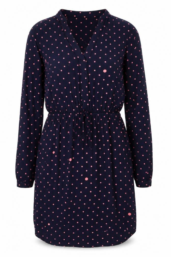Front view of Gap women’s blue polka dot viscose a-line, size M, v-neck pullover
