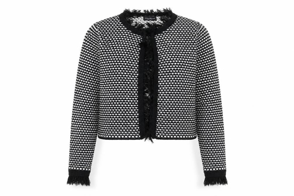 Front view of James Lakeland women’s black geometric jacket, size UK 14, hook & eye