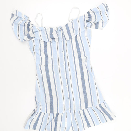 Lipsy Womens Blue Striped Cotton A-Line Size 8 Off the Shoulder Button