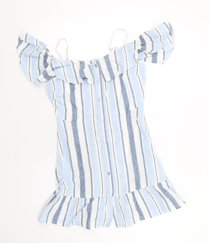 Lipsy Womens Blue Striped Cotton A-Line Size 8 Off the Shoulder Button