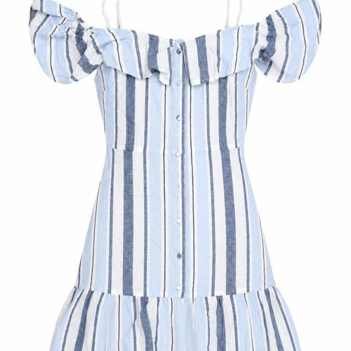 Lipsy Womens Blue Striped Cotton A-Line Size 8 Off the Shoulder Button