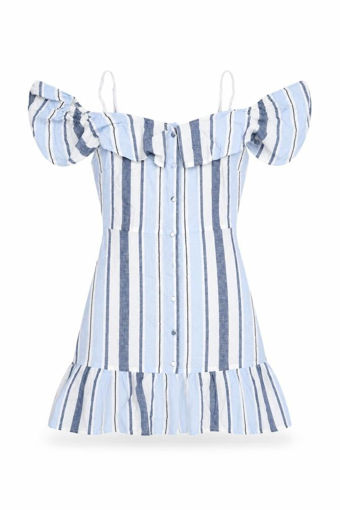 Lipsy Womens Blue Striped Cotton A-Line Size 8 Off the Shoulder Button
