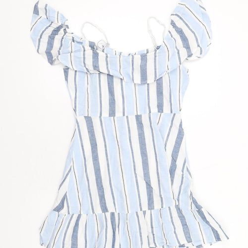 Lipsy Womens Blue Striped Cotton A-Line Size 8 Off the Shoulder Button