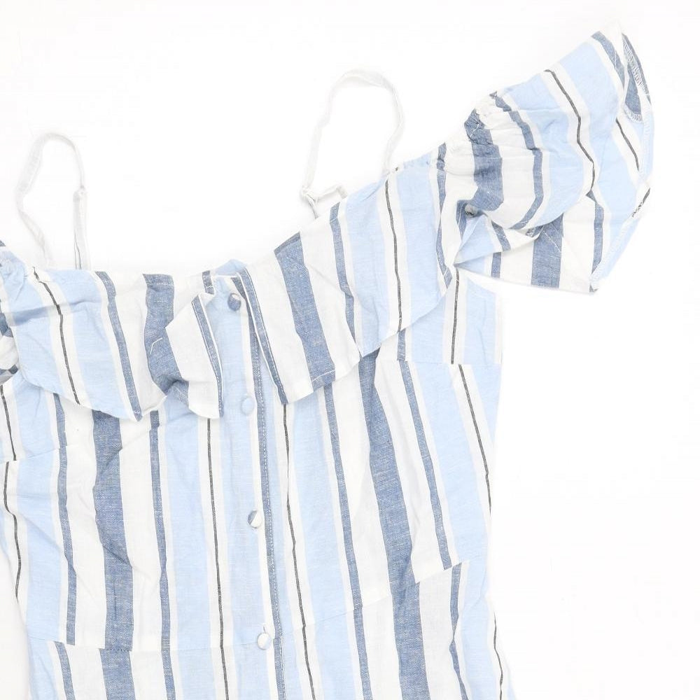 Lipsy Womens Blue Striped Cotton A-Line Size 8 Off the Shoulder Button