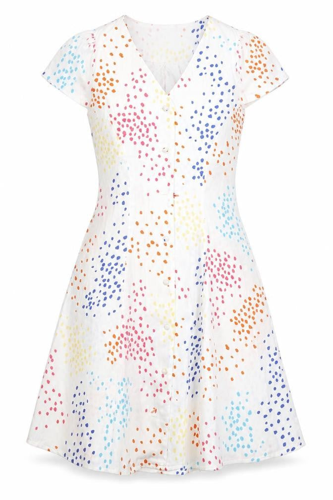 Front view of Paper Dolls women’s multicoloured geometric polyethylene a-line, size UK 6, v-neck button