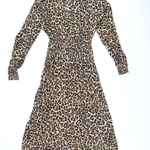 H&M Womens Brown Animal Print Viscose A-Line Size 10 V-Neck Pullover - Leopard Print