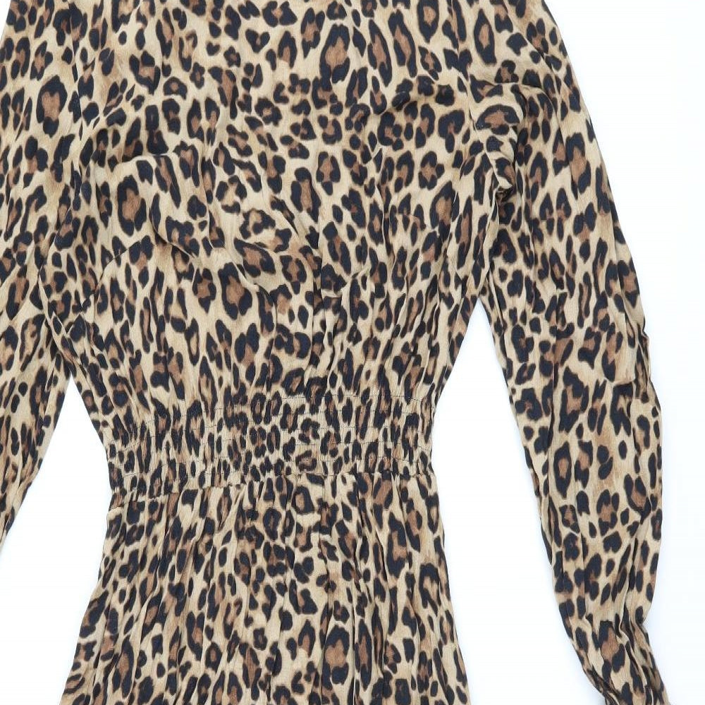 H&M Womens Brown Animal Print Viscose A-Line Size 10 V-Neck Pullover - Leopard Print