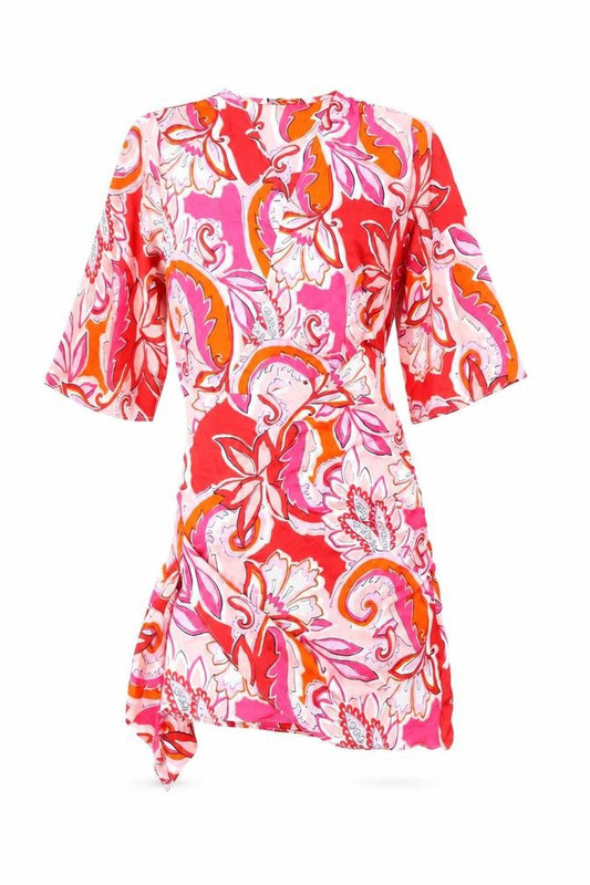 Front view of Zara women’s multicoloured geometric polyester wrap dress, size S, v-neck tie