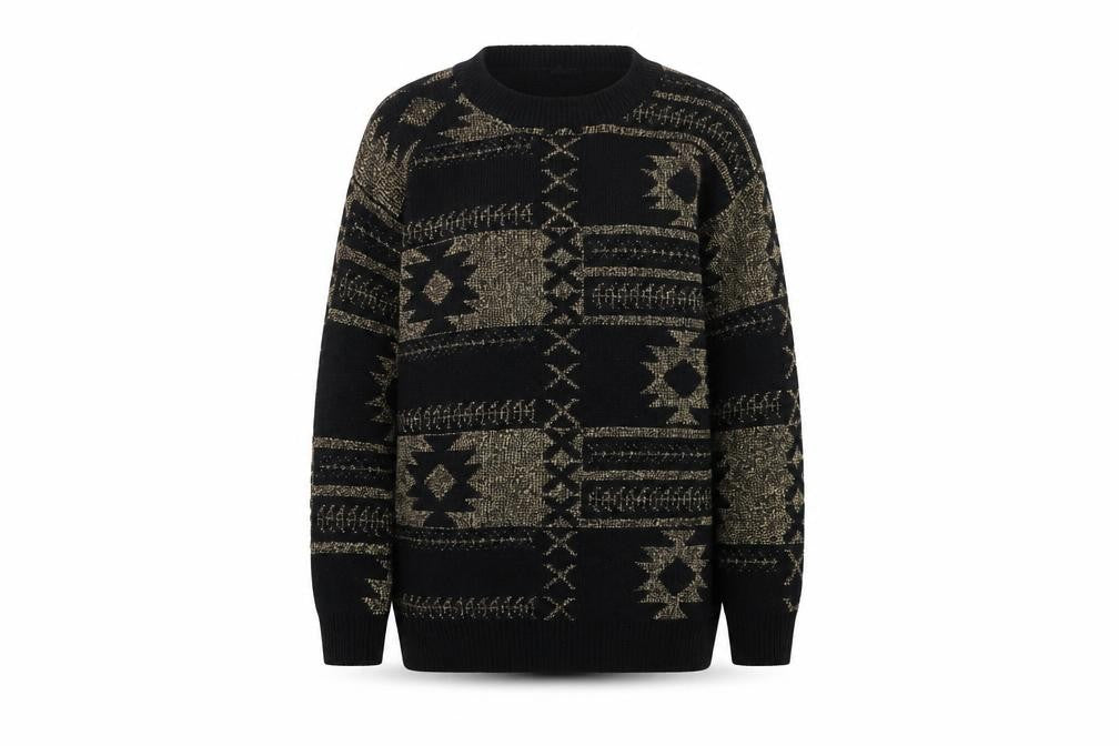 Front view of Sparkle & Fade women’s black round neck geometric acrylic jumper, size S