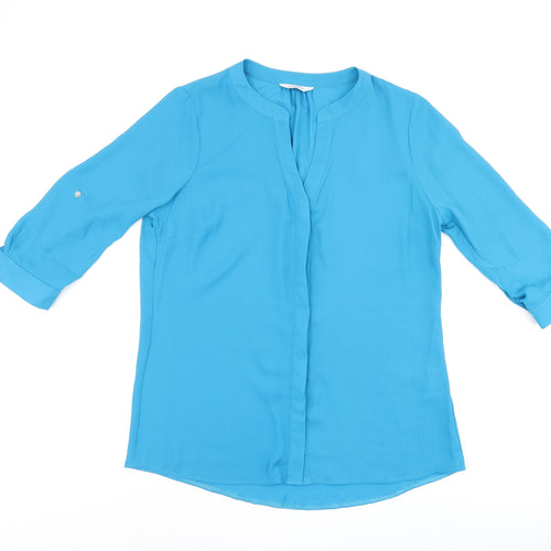 Classic Womens Blue Polyester Basic Button-Up Size 14 Round Neck