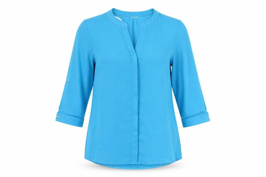 Front view of Classics women’s blue polyester basic button-up, size UK 14, round neck