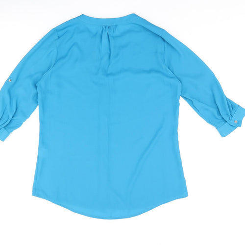 Classic Womens Blue Polyester Basic Button-Up Size 14 Round Neck
