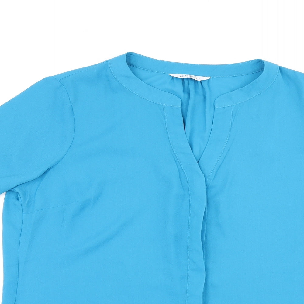Classic Womens Blue Polyester Basic Button-Up Size 14 Round Neck