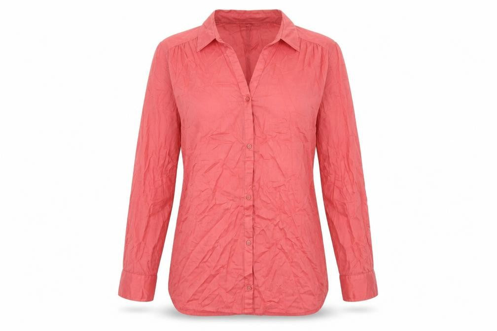 Front view of H&M women’s red cotton basic button-up, size UK 8, collared