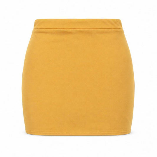 Front view of PRETTYLITTLETHING women’s yellow polyester bandage skirt, size UK 8