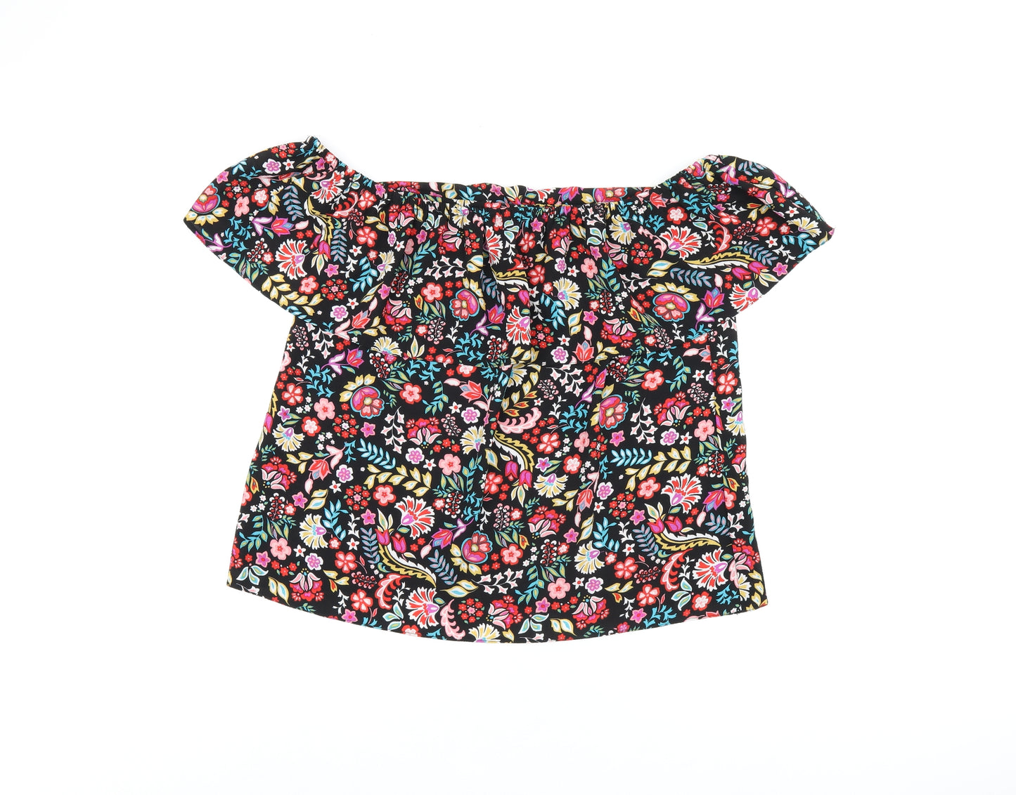 Dorothy Perkins Womens Black Floral Polyester Basic T-Shirt Size 8 Off the Shoulder