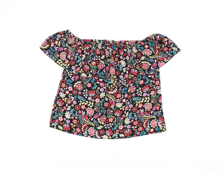 Dorothy Perkins Womens Black Floral Polyester Basic T-Shirt Size 8 Off the Shoulder
