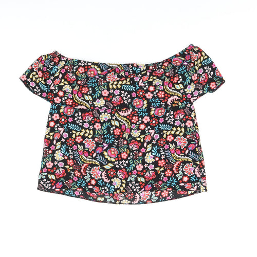 Dorothy Perkins Womens Black Floral Polyester Basic T-Shirt Size 8 Off the Shoulder