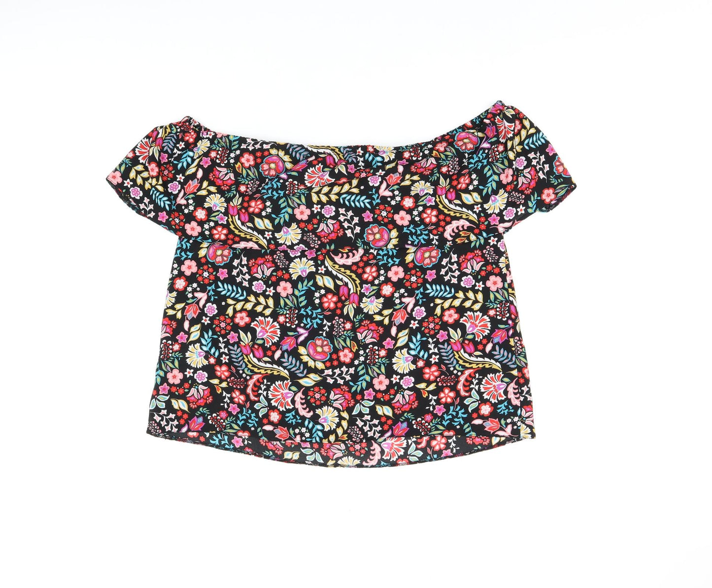 Dorothy Perkins Womens Black Floral Polyester Basic T-Shirt Size 8 Off the Shoulder