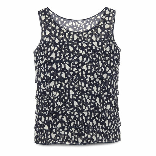 Front view of Epilogue women’s blue geometric polyester basic tank, size UK 12, round neck - frill detail sheer