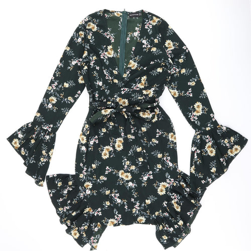 PRETTYLITTLETHING Womens Green Floral Polyester Shift Size 10 V-Neck Zip - Frill Detail Cut Out Detail
