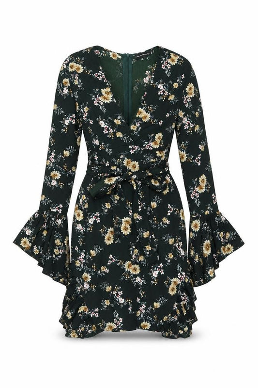 Front view of PRETTYLITTLETHING women’s green floral polyester shift, size UK 10, v-neck zip - frill detail cut out detail
