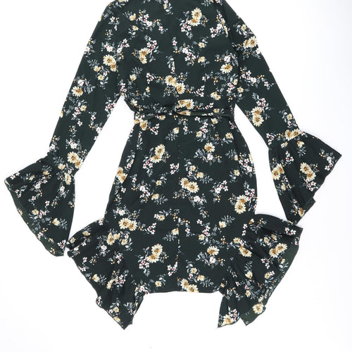 PRETTYLITTLETHING Womens Green Floral Polyester Shift Size 10 V-Neck Zip - Frill Detail Cut Out Detail