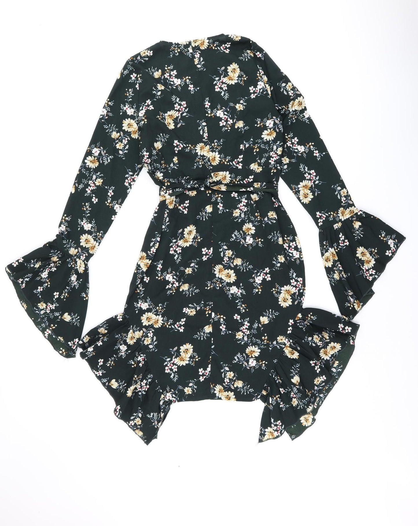PRETTYLITTLETHING Womens Green Floral Polyester Shift Size 10 V-Neck Zip - Frill Detail Cut Out Detail