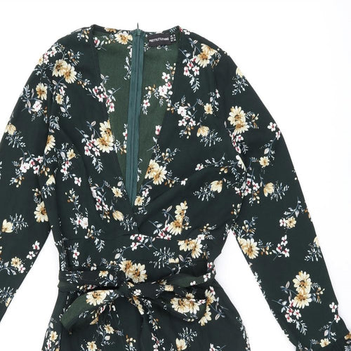 PRETTYLITTLETHING Womens Green Floral Polyester Shift Size 10 V-Neck Zip - Frill Detail Cut Out Detail