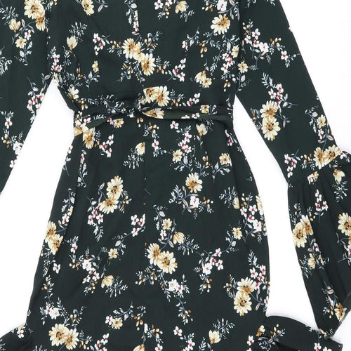 PRETTYLITTLETHING Womens Green Floral Polyester Shift Size 10 V-Neck Zip - Frill Detail Cut Out Detail