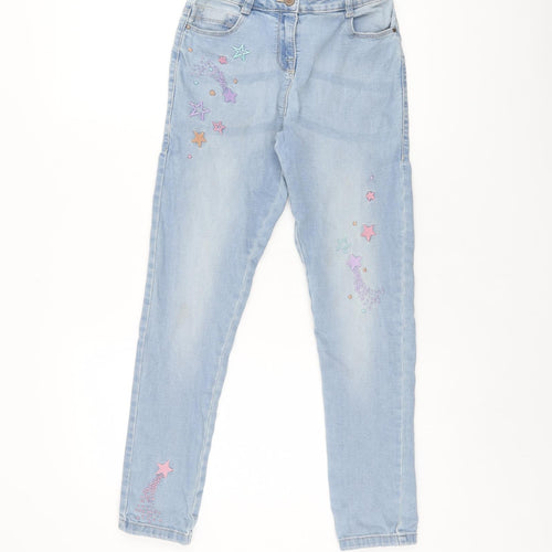 NEXT Girls Blue Cotton Skinny Jeans Size 12 Years L25.5 in Regular Zip - Embroidered Stars