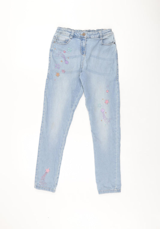 NEXT Girls Blue Cotton Skinny Jeans Size 12 Years L25.5 in Regular Zip - Embroidered Stars