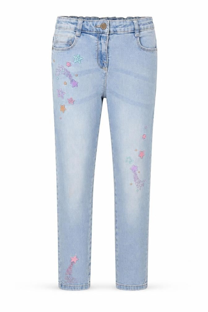NEXT Girls Blue Cotton Skinny Jeans Size 12 Years L25.5 in Regular Zip - Embroidered Stars
