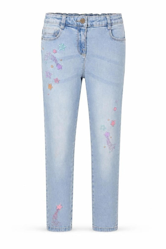 Front view of Next girls’ blue cotton skinny jeans, size 12, years, 25.5-inch leg regular zip - embroidered stars