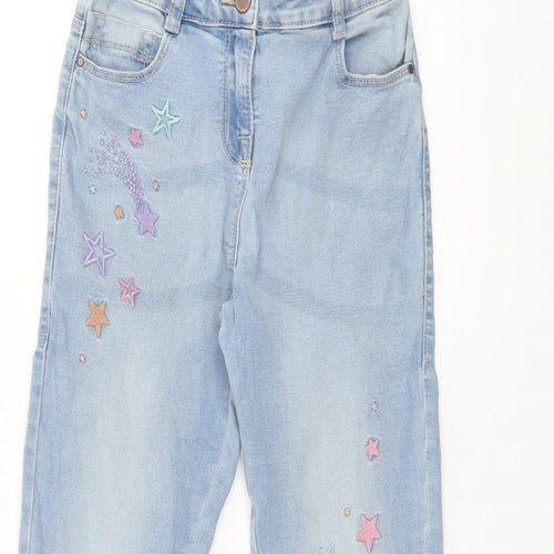 NEXT Girls Blue Cotton Skinny Jeans Size 12 Years L25.5 in Regular Zip - Embroidered Stars