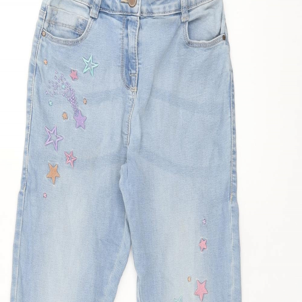 NEXT Girls Blue Cotton Skinny Jeans Size 12 Years L25.5 in Regular Zip - Embroidered Stars