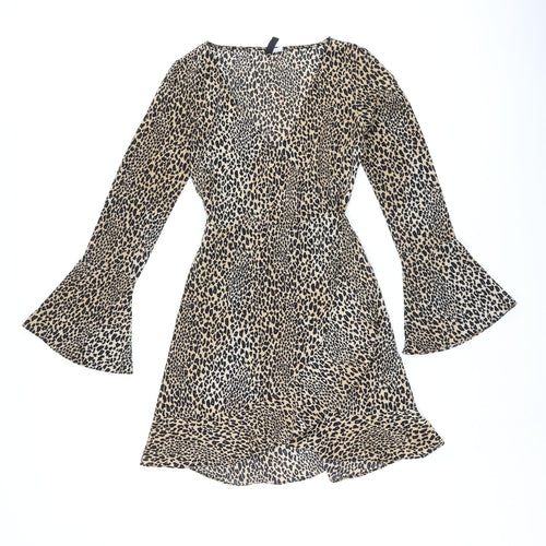 H&M Womens Brown Animal Print Polyester Wrap Dress Size 6 V-Neck Tie - Leopard Print