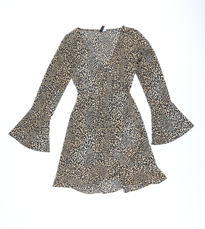 H&M Womens Brown Animal Print Polyester Wrap Dress Size 6 V-Neck Tie - Leopard Print